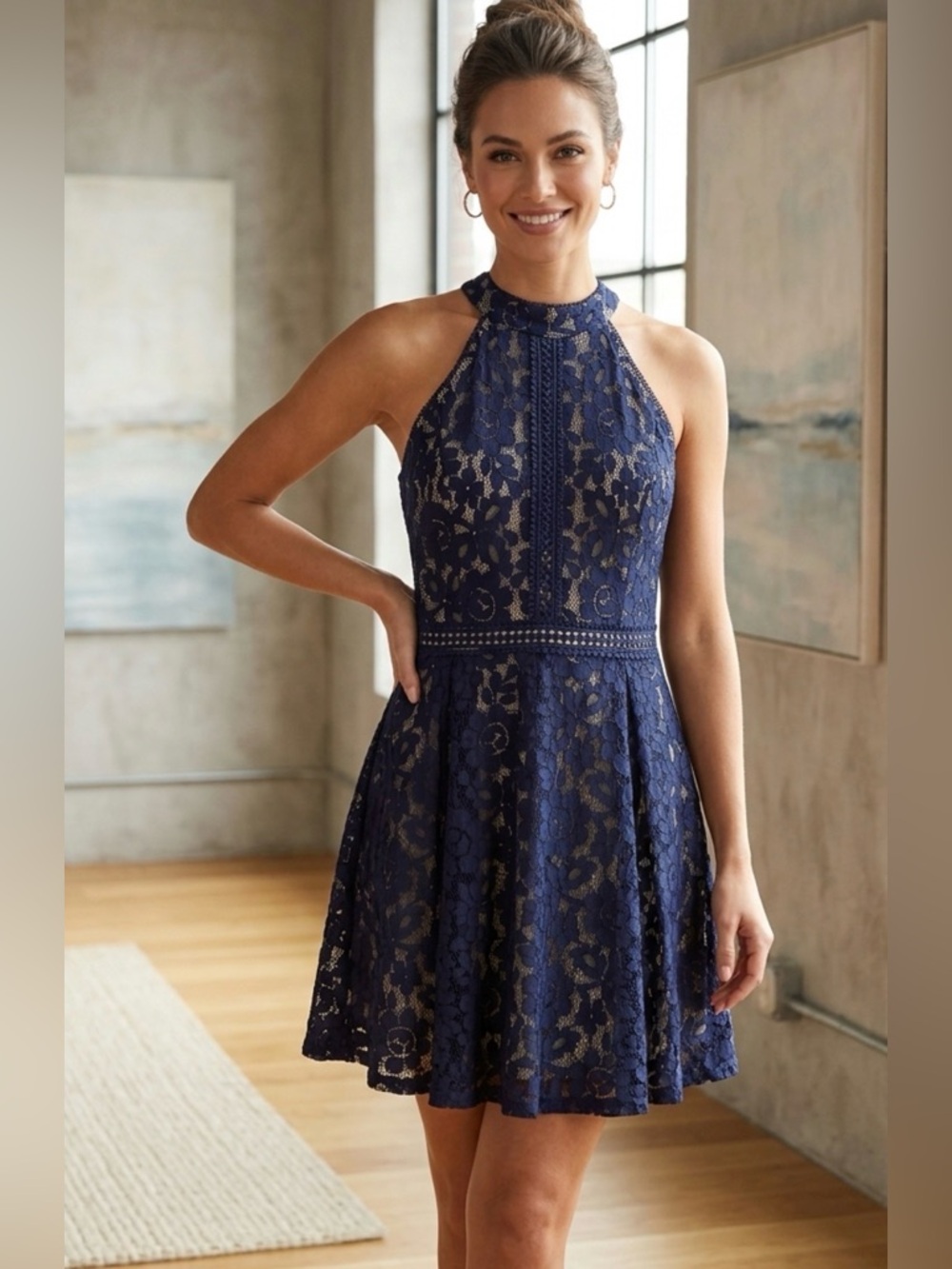Anthropologie Blu Pepper Navy Lace Halter Skater Dress